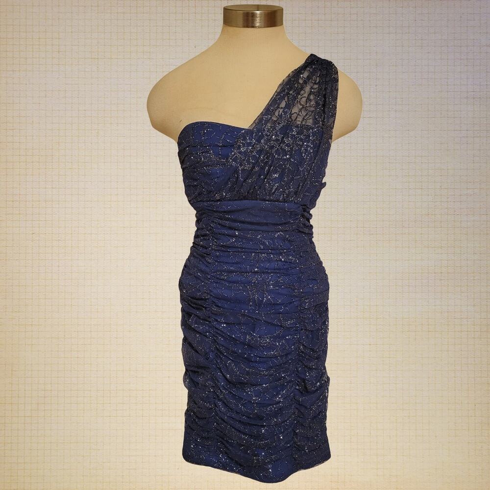 BCX Asymmetric One Shoulder Spakle Ruched Mini Party Cocktail Dress Womens Sz 8